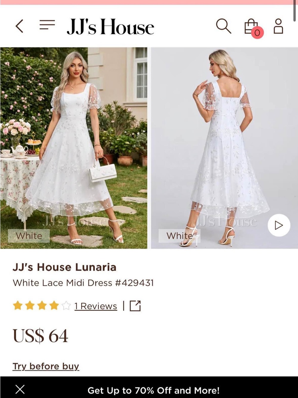 JJs House White Lace A-Line Midi Wedding Dress